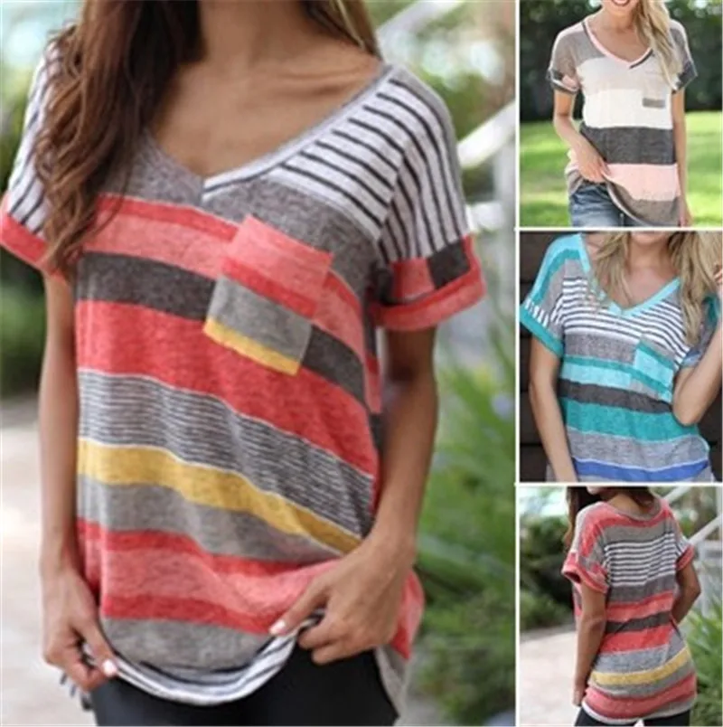 Женская футболка в полоску с принтом v образным вырезом асимметричная свободная