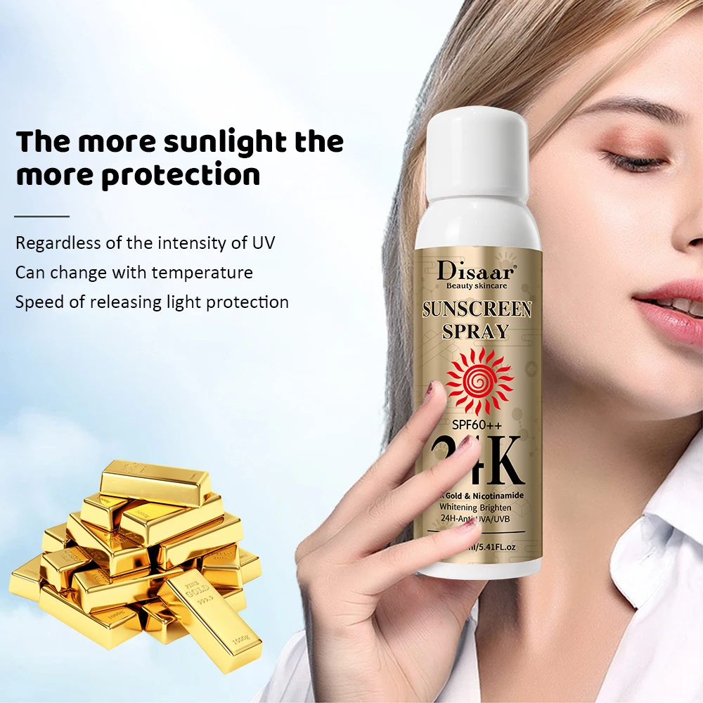 

Disaar Sunscreen Spray SPF50+ 24K Gold Nicotinamide Sunblock Spray Face Sun Protect Whitening Anti-Aging Facial Body Care 160ml