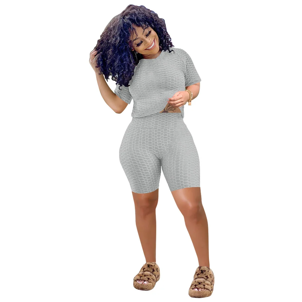 

Solid Color Summer Two Piece Fashion Women's Clothing Custom Sexy Round Neck Personality Mesh Sports Casual Style Short Suit
