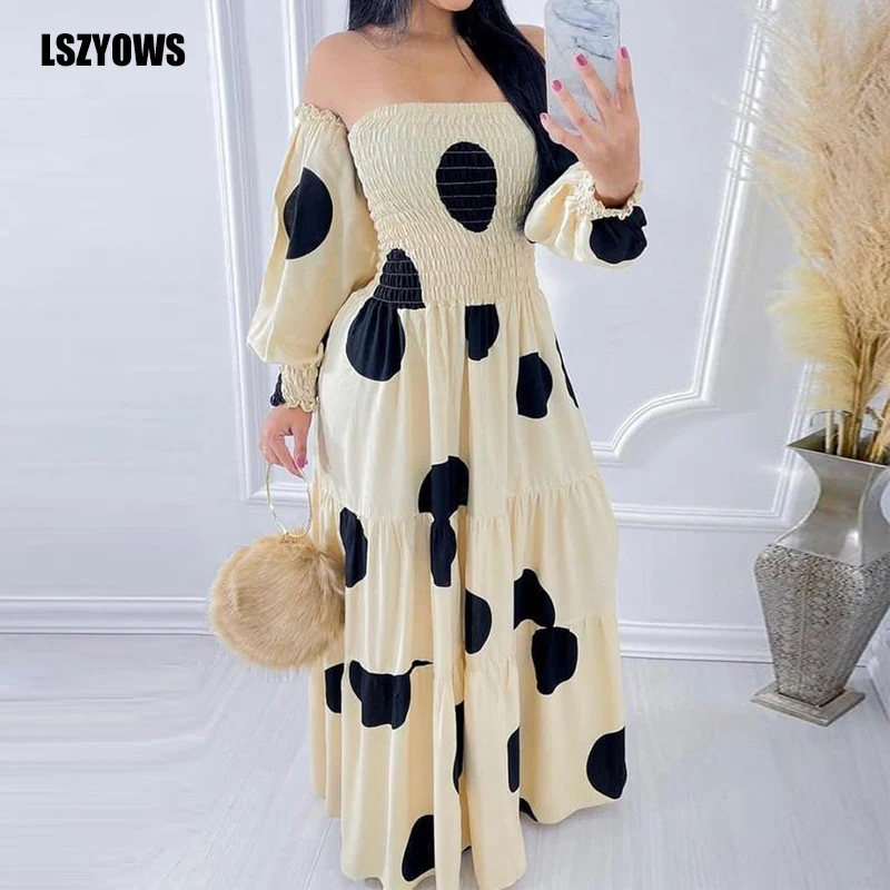 

Retro Polka Dot Maxi Dress 2021 Long Sleeve Strapless Off Shoulder Party Dress Women Casual Bohemian Beach Long Dresses Vestidos