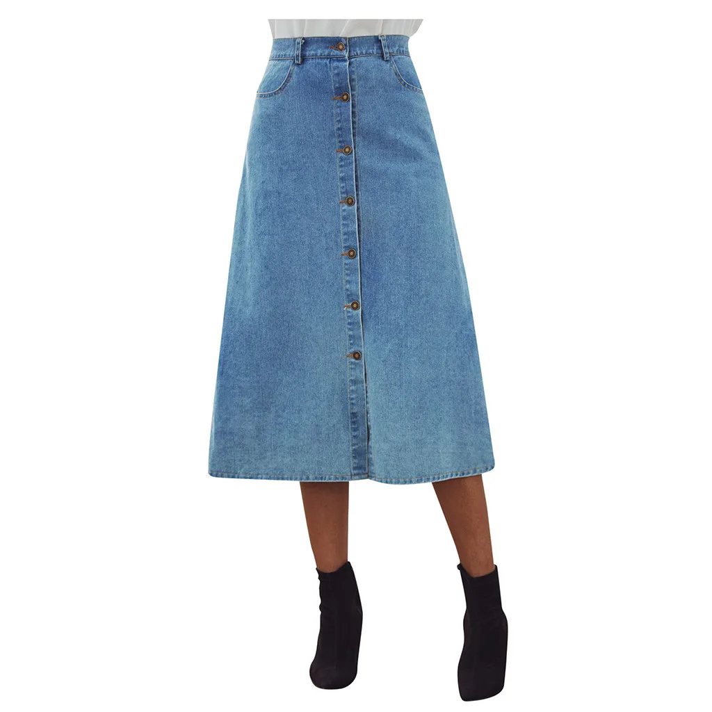 Женская летняя джинсовая повседневная юбка на пуговицах с карманами