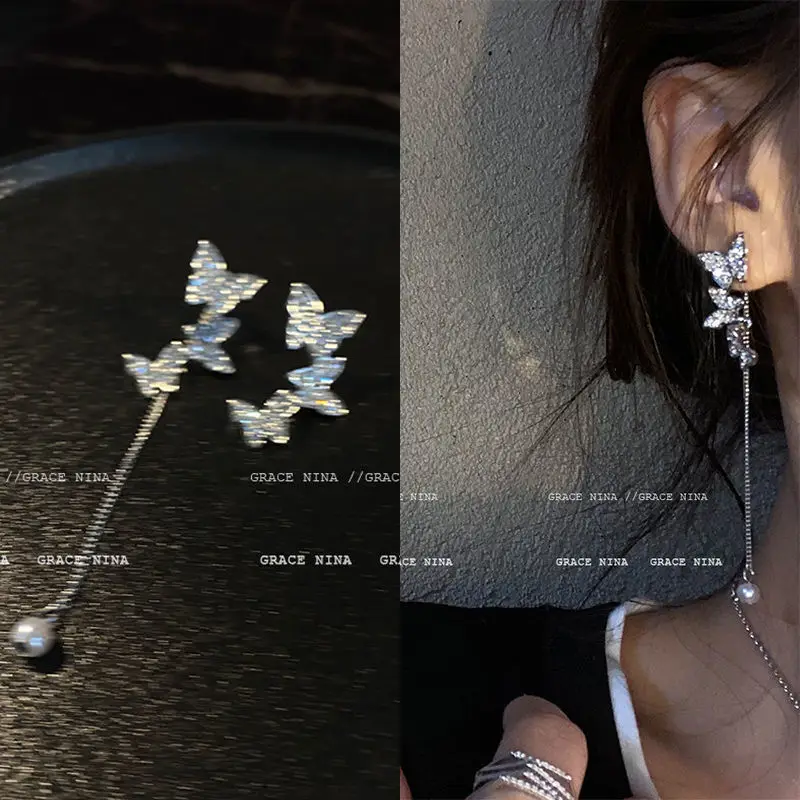 

2021 Y2K Aesthetic Fashion Trend Rhinestone Butterfly Tassel Earring for Woman Cool Butterfly Earrings Eardrop Jewelry Wholesale