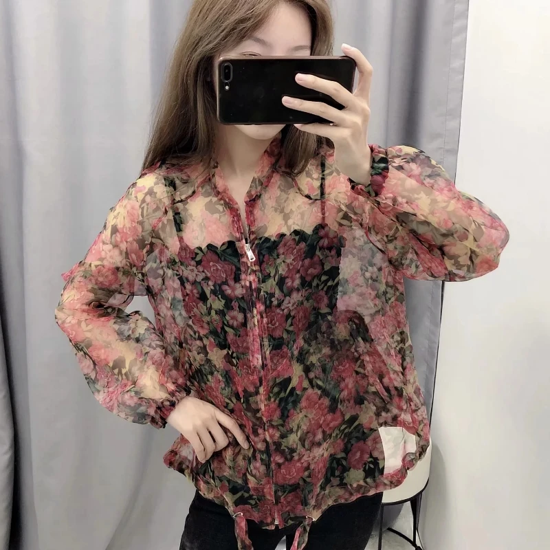 Женская свободная куртка из органзы винтажная прозрачная летная с цветочным