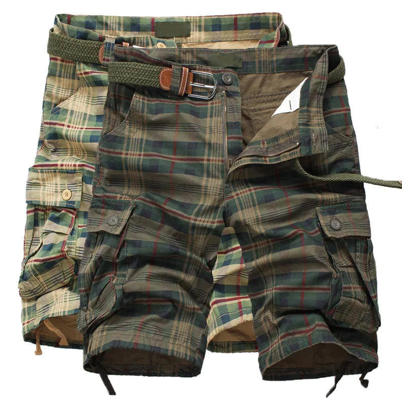 

HOT 2020 Summer Style Mens Straight Grid 100% Cotton Workout Overalls Cargo Short pants Men Army Jungle Baggy Multi Pocket Short
