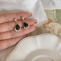 retro court exquisite temperament small black water drop gemstone earrings