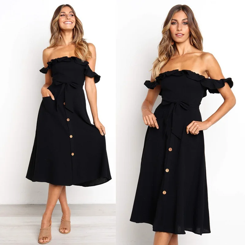 Летнее сексуальное платье с оборками и открытыми плечами Бандажное карманами