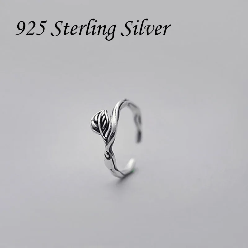 Женское кольцо с открытым хвостом Серебряное регулируемое из ротанга листьями 1 9