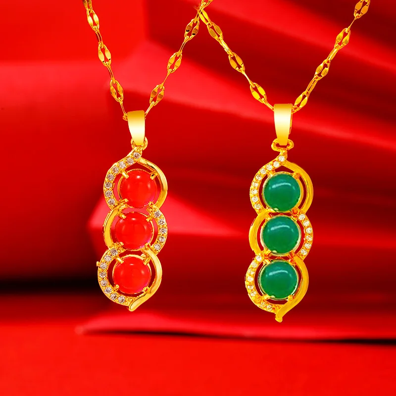 

Popular imitation 24k gold inlaid imitation jade and peace bean pendant female imitation chalcedony sand gold jewelry wholesale