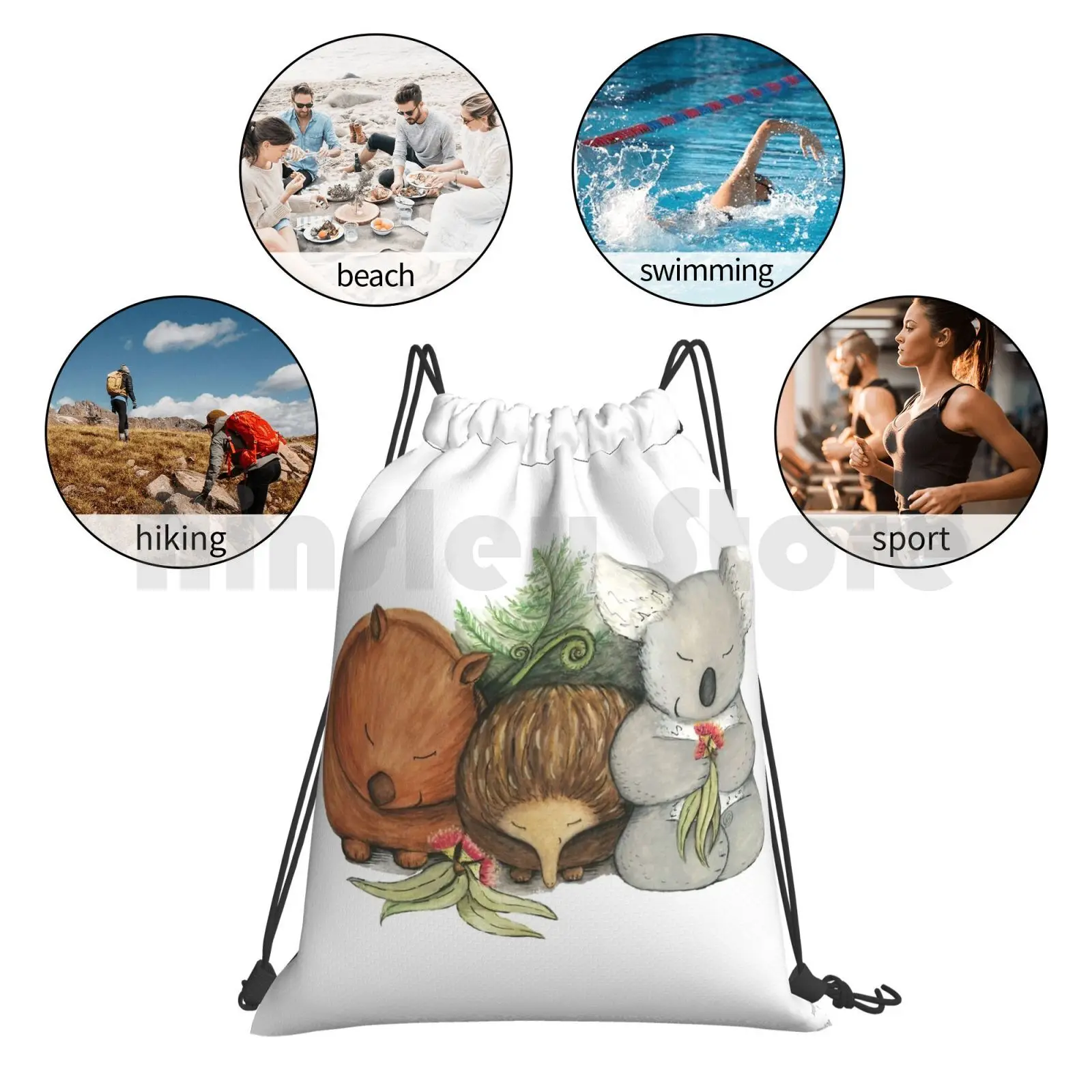 

Native Australian Animal Babies With Koala , Wombat And Echidna Backpack Drawstring Bag Riding Climbing Gym Bag Koala