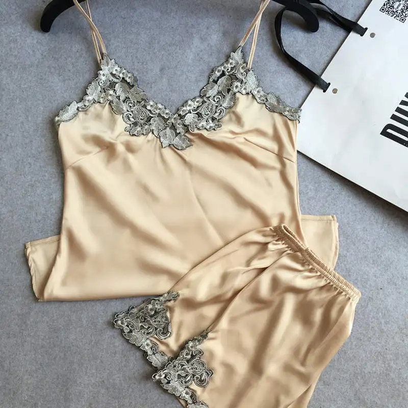 Бежевый Пижама женская pijama матовый Пижамный набор из шелка Высококачественная Сексуальная имитация шелка короткая Пижама - Цвет: Бежевый