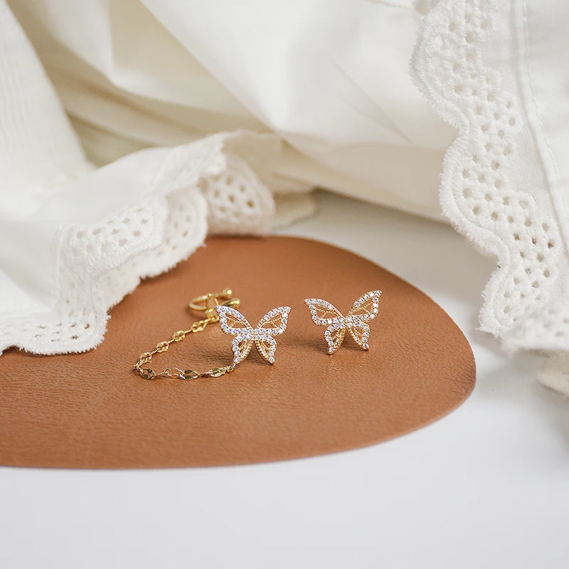 

Vintage Exquisite 14k Real Gold Jewelry Asymmetric Butterfly Earrings for Women Luxury AAA Zirconia Stud S925 Silver Needle Gift