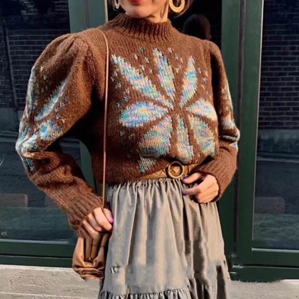 

Autumn Winter Sweater Women 2021 Casual O-neck Long Sleeve Casual Office Flower Print Loose Long Knitwear Ladies Streetwear Top