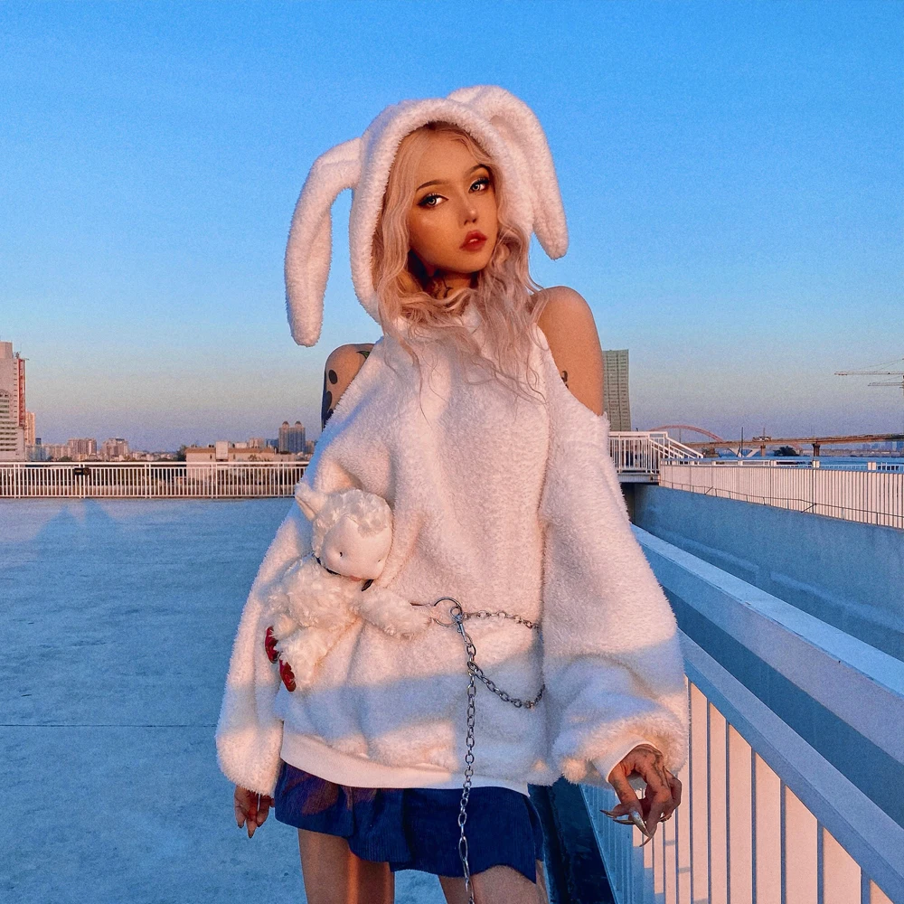 

Новый милый женский топ с капюшоном с заячьими ушками, универсальная теплая белая толстовка из шерсти с открытыми плечами и капюшоном