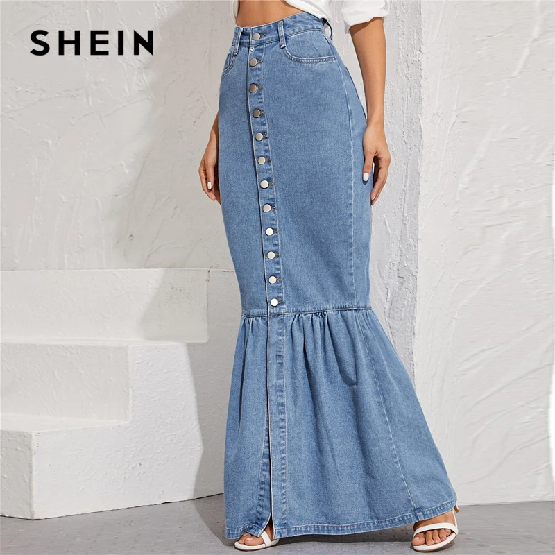 SHEIN, синяя джинсовая юбка макси с пуговицами спереди, рыбий хвост, Женская Осенняя юбка с карманами, высокая талия, вечерние, повседневные, облегающие, облегающие, Юбки Русалки