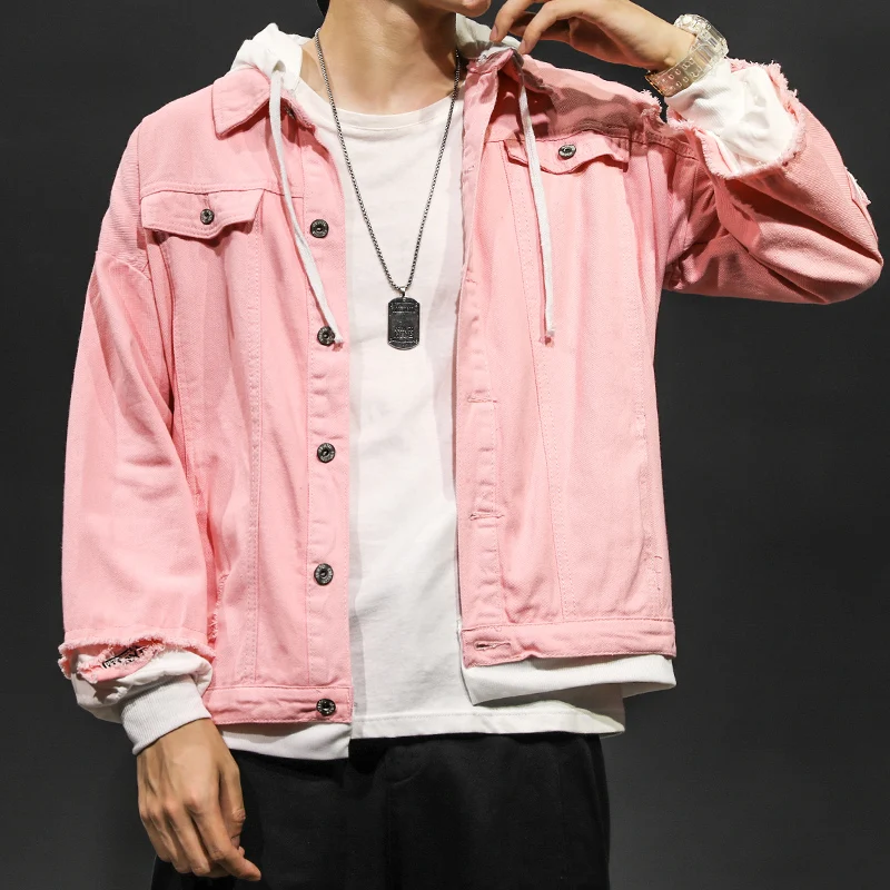 Джинсовая куртка мужская с капюшоном рваная джинсовая имитацией двух предметов