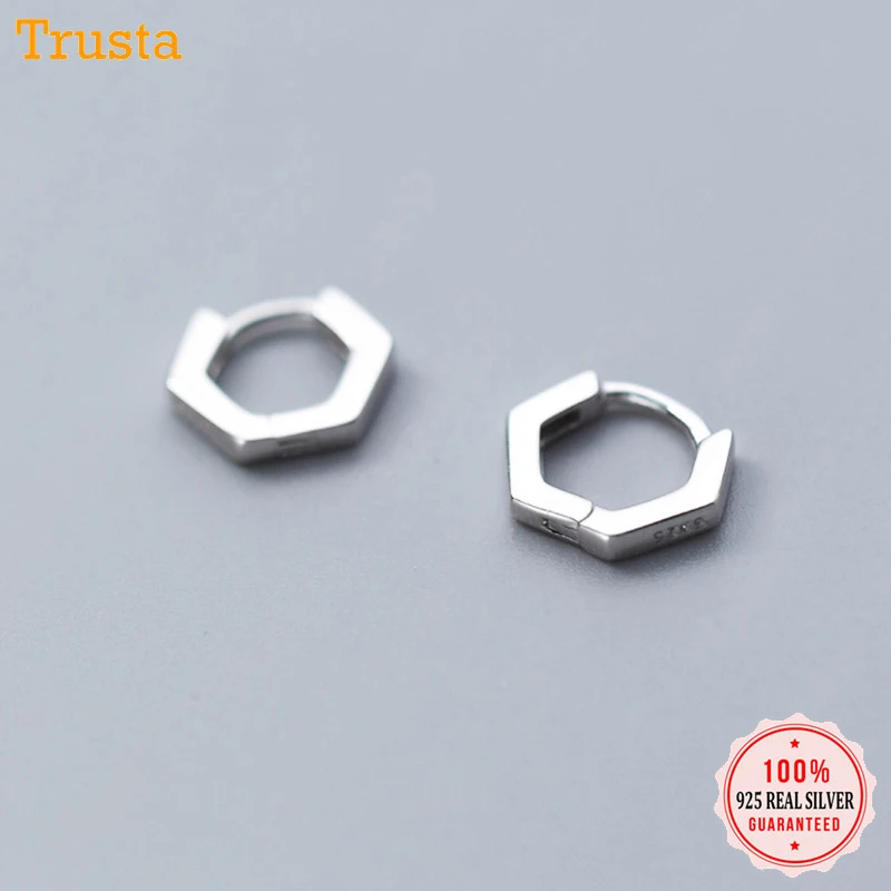 Серьги-кольца Trusta из чистого серебра 925 пробы, шестигранные серьги-манжеты, клипсы для мужчин/женщин, девушек, подростков, подарок, ювелирное изделие DS1300