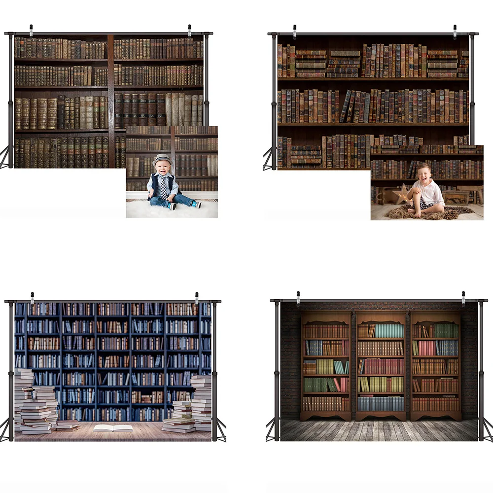 

Bookshelf Themed Newborn Baby Photography Backdrop Retro Vintage Books Background Wooden Bookshelves Backdrops Photo Studio