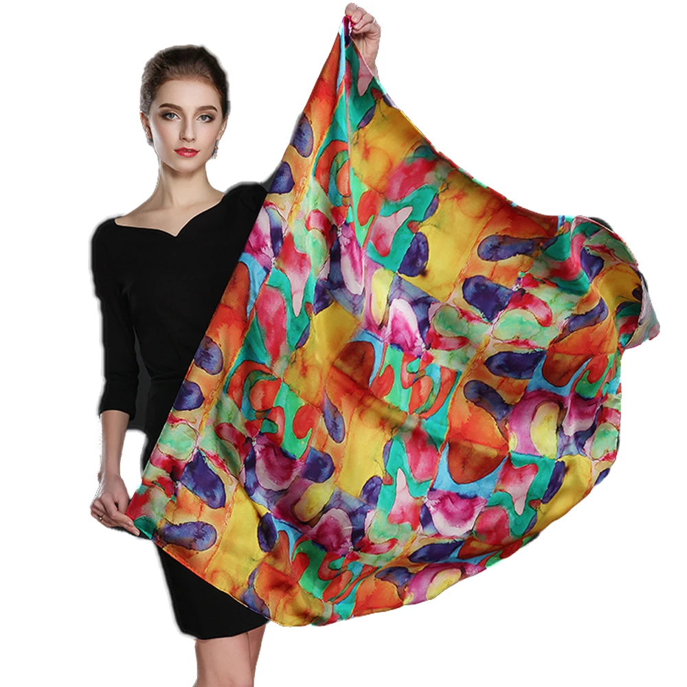 

100% Pure Silk Large Square Scarf Shawl Nourish Skin Wraps Women's Best Gift Colorful stone Pattern 106cm