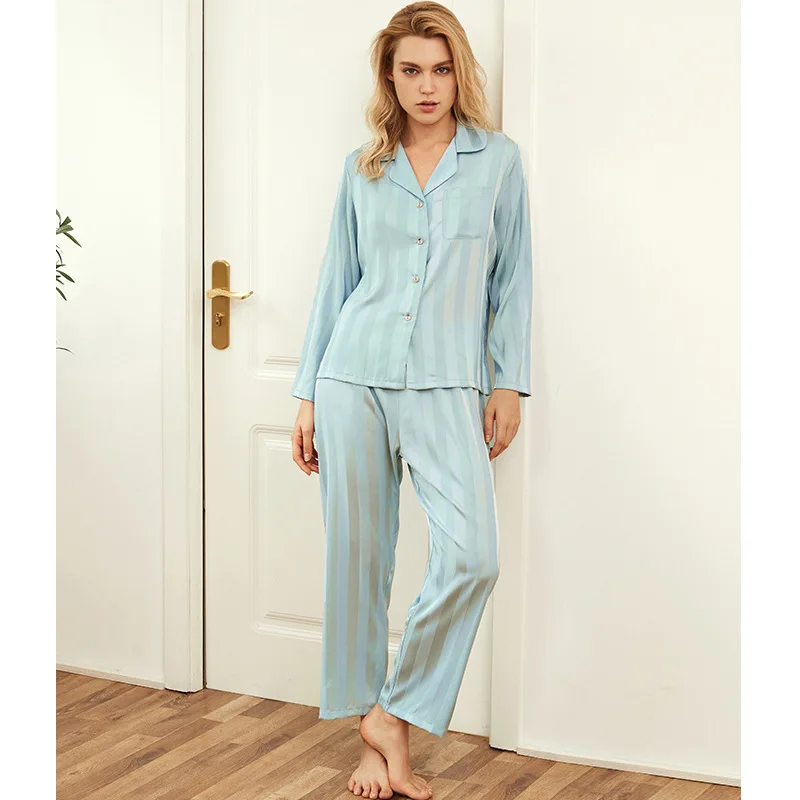 

2PCS Shirt&Pants Loose Full Sleeve Pijamas Set Striped Women Sleepwear Casual Nightwear Sexy Homewear Satin Pajamas Suit
