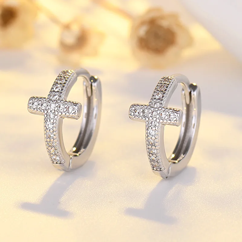 

Charm Female White Zircon Hoop Earrings Rose Gold Silver Color Wedding Earrings Trendy Cross Crystal Stone Earrings For Women