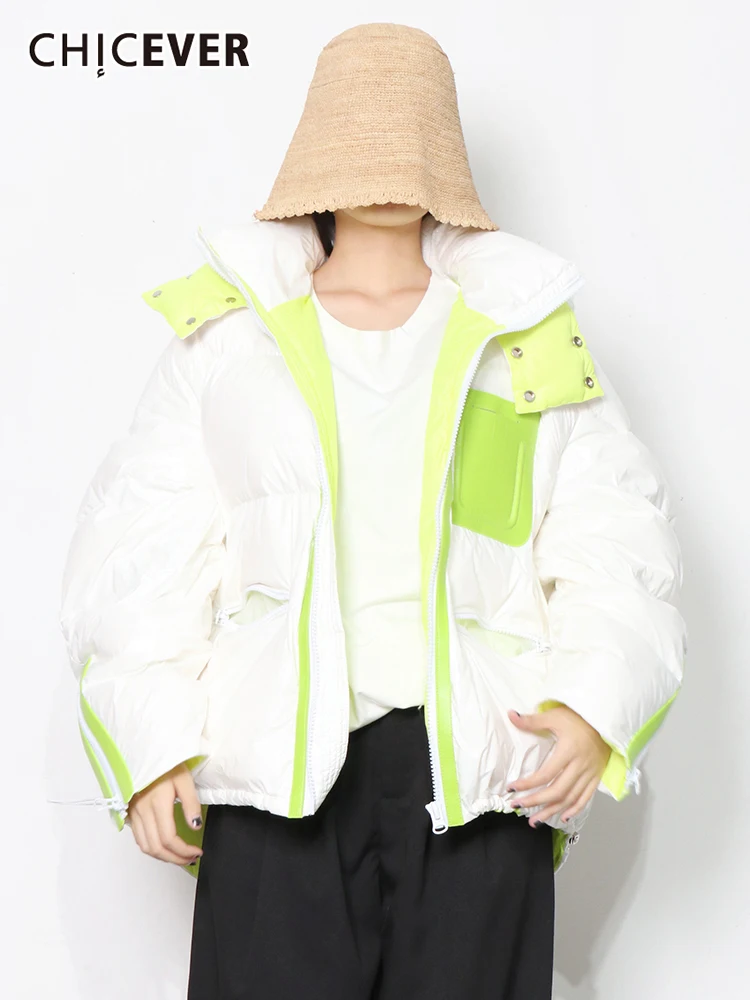 

CHICEVER Patchwork Colorblock Cotton Coat For Women Hooded Collar Long Sleeve Loose Winter Coats Female Korean Fashion 2021 New