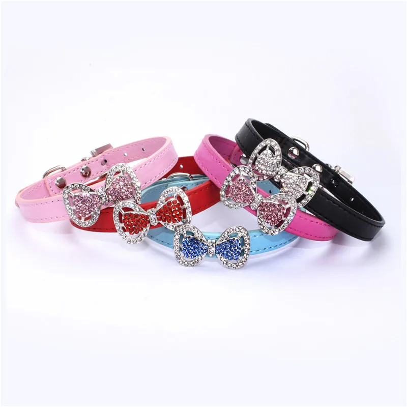 Bling Rhinestone Bowtie Doggy Collar Luxury PU Leather Small Pets Belts Cheap Cute Kitty Collars | Дом и сад