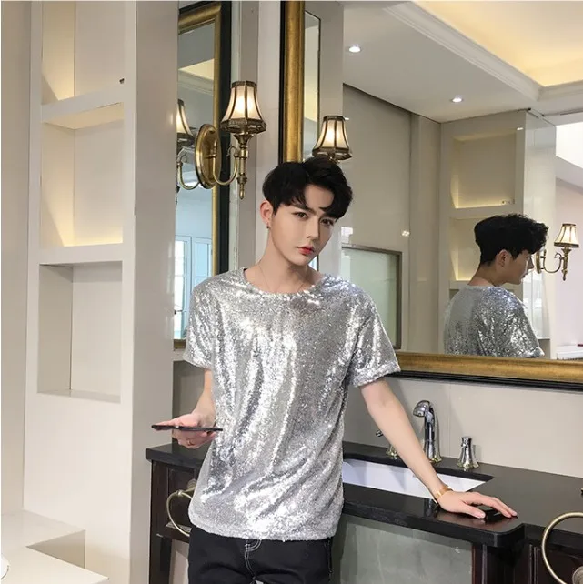 Футболка мужская с блестками модная шикарная тенниска в сценическом стиле