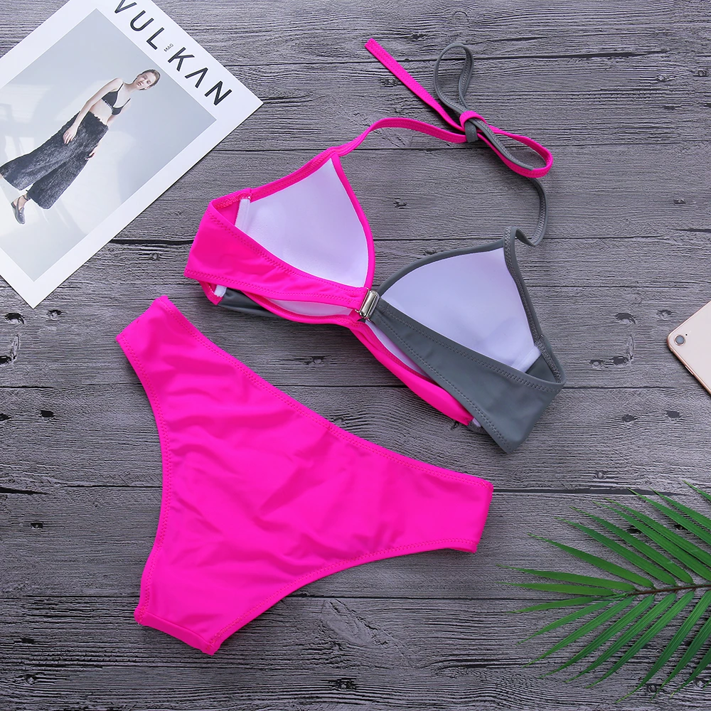 Push Up Swimsuit Sexy Bikinis Set Halter Top Solid Bikini Women Chest Cross Swimwear female Bathing Suit Biquini | Женская одежда