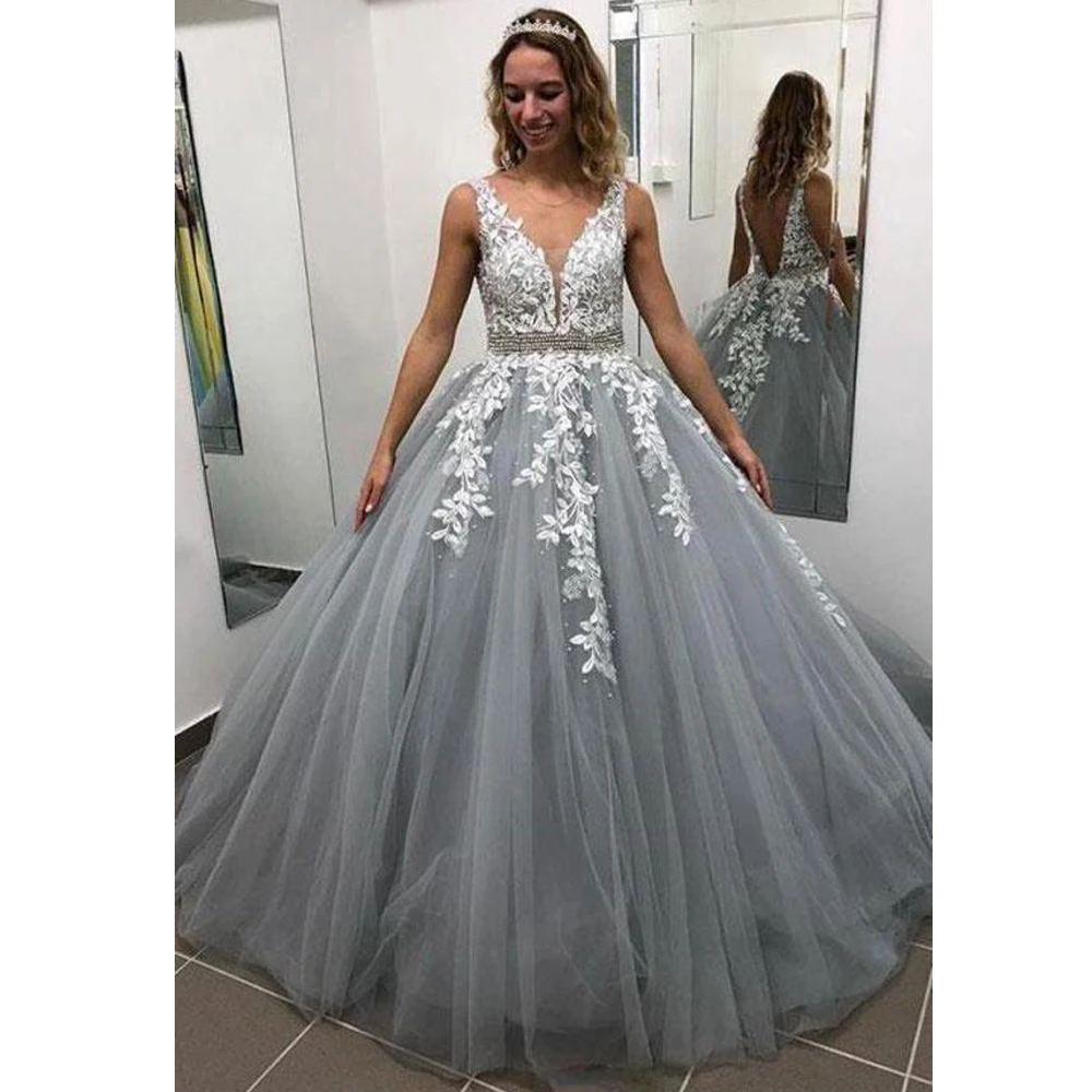 

Dlass Silver Prom Gown Sweep Train Customized White Lace Tulle V-neck Sleeveless Backless 2020 Evening Dress Robe De Soiree