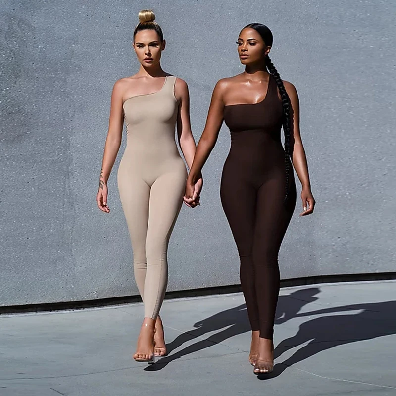 

Sexy One Shoulder Sleeveless Bodycon Jumpsuits Women Backless Basic Solid Skinny Rompers Female High Waist Jumpsuit Streetwear