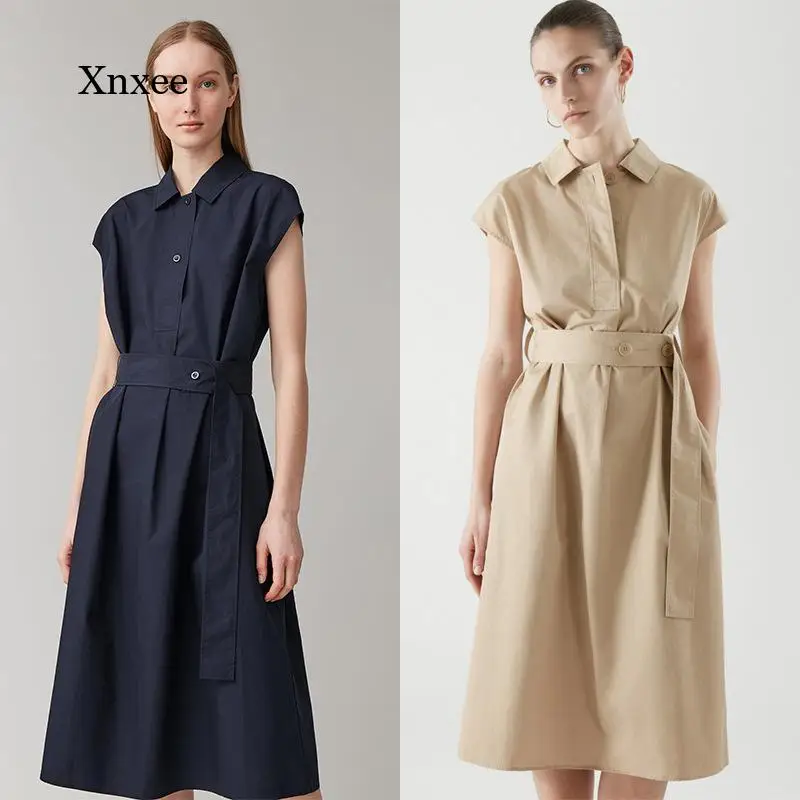 

Women Midi Shirt Dress High Waist Spring Summer New Belted Cotton Bodycon Thin A-Line Robe Fashion Simple Outfits Clothing