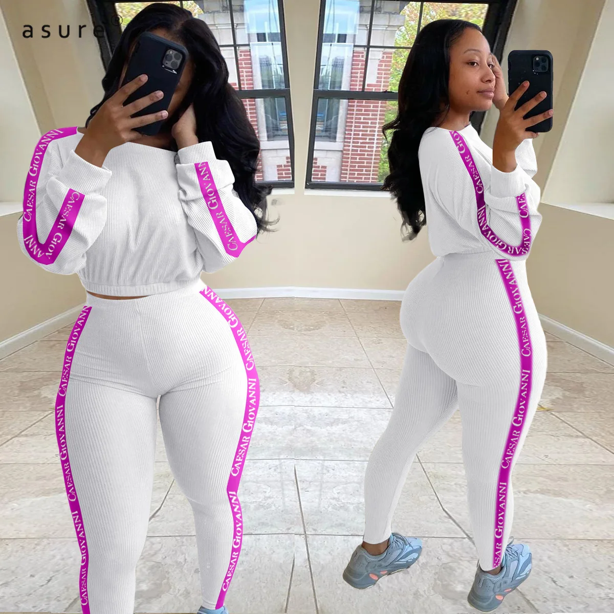 

Tracksuit Women Sexy Club Outfit Jogging Full Female Sportswear Office Suit Crop Top And Pant Two Piece Set Home Clothes ALS213