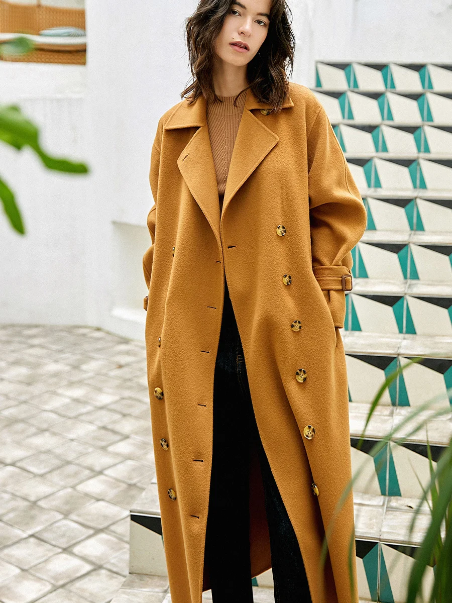 

autumn and winter new double row buckle long commuting simple handsome cool wind double-sided cashmere wool coat