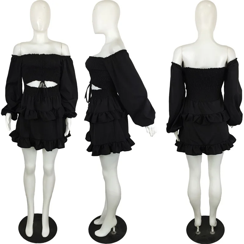 

SOlid Color Sequare Dress Women Bell Sleeve High Waist Knee Length Dress Elegant Office Lady Dresses Summer Ruffle Dress 2021