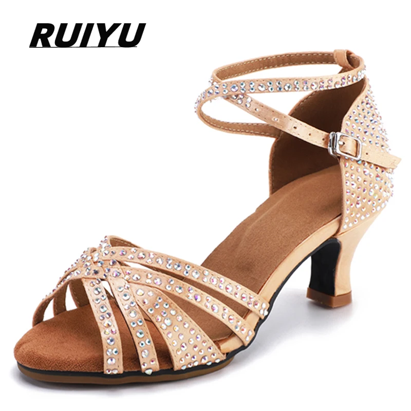 Ballroom Latin Salsa Dance Sandals Rhinestone Women Party Wedding Shoes Ssuede Sole Summer Shoes For Women Women's Shoes