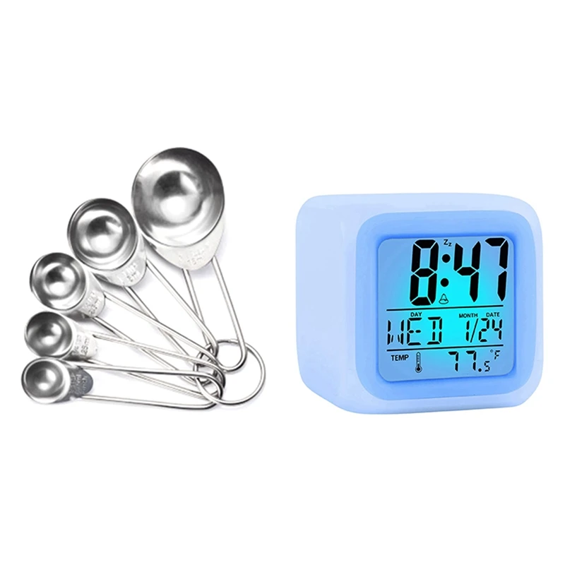 

1X Alarm Clock Digital Travel & 5Pcs Home Kitchen Measuring Spoons Cooking Cups Teaspoons Utensil Measuring Spoons