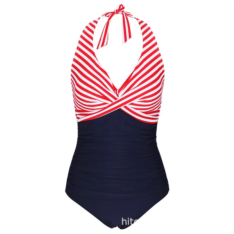 

2021 Summer New Twisted Chest One-piece Swimsuit Women's V-neck Pleated One-piece Halter Swimwear Women Sexy Bathing Suit Women