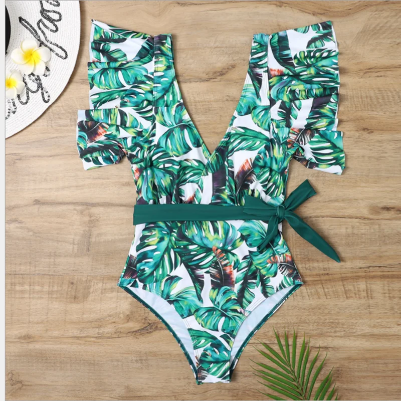 

Женский слитный купальник с принтом, бикини с глубоким V-образным вырезом и лямками в виде листьев лотоса, 2021