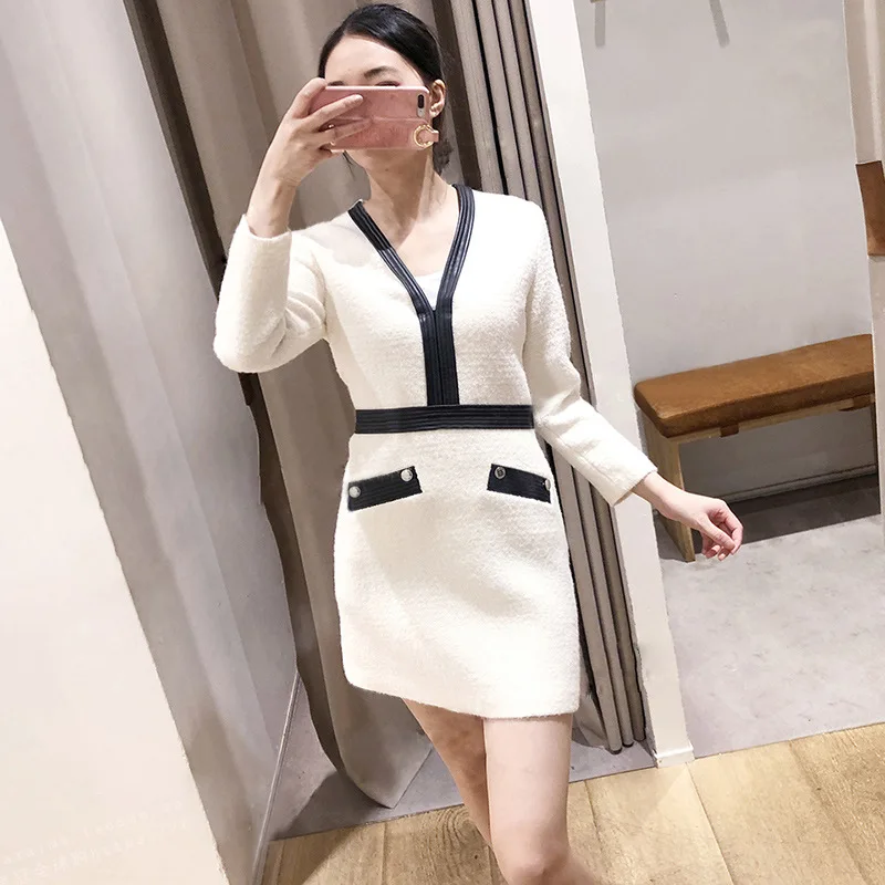 Женское платье с v образным вырезом кожаное накладным карманом и длинным рукавом