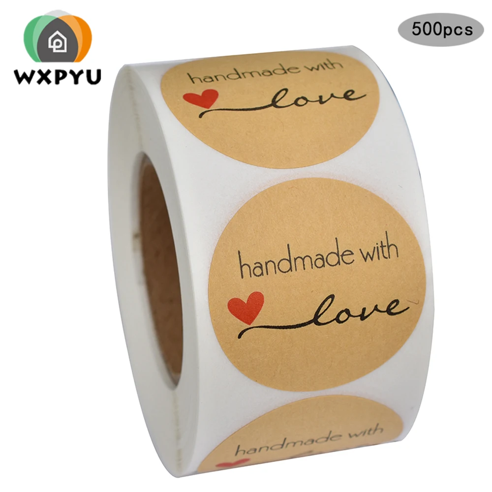 1 5 дюйма Ручная работа с любовью Круглые Крафт наклейки клейкая печать этикетка