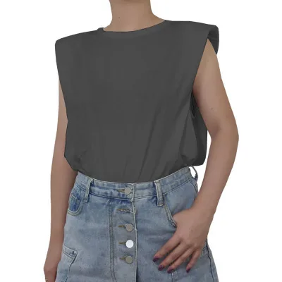 

Summer Casual Solid O-neck Tops Tees Short Shoulder Pads Silhouette Sleeveless T Shirt DM001