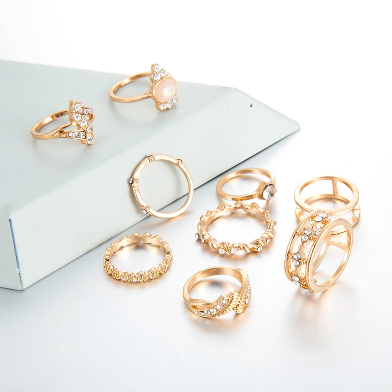 Docona Bohemian 9pcs/sets Gold Color Clear Crystal Opal Stone Rings Sets Geometric Women Jewelry Accessories A27303 | Украшения и