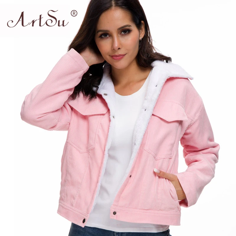 ArtSu/Повседневная Женская куртка с карманами из овечьего меха пальто осень-зима