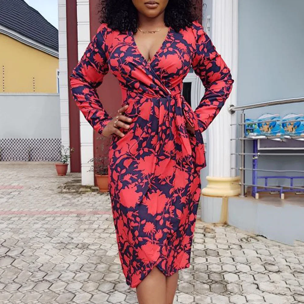 Модное красное платье с цветочным принтом и длинными рукавами в африканском