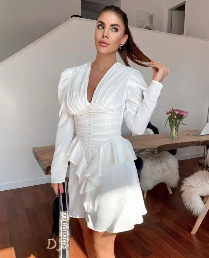 Женское зимнее модное сексуальное платье с длинным рукавом Белое Облегающее