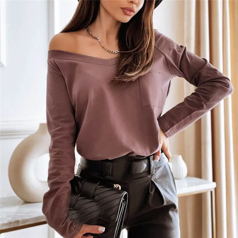 

2022 Spring Off The Shoulder Women's Top Long Sleeve V-neck Black Tops Female Autumn New Fashion Streetwear Casual Blouse Ladies