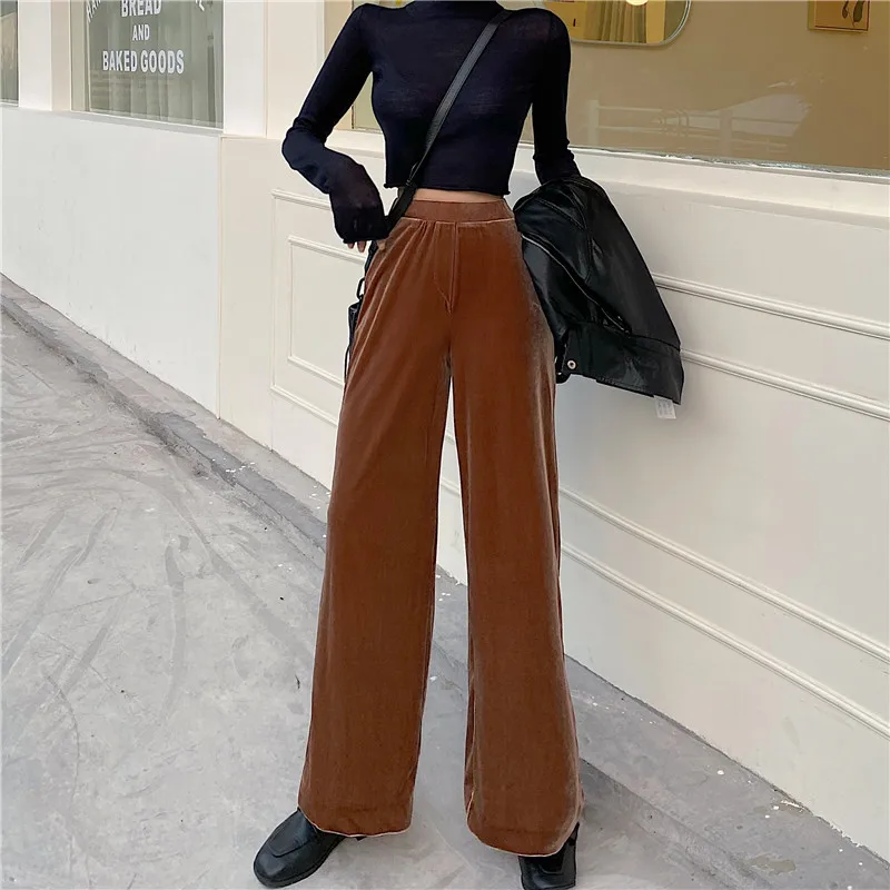 KINOMI зимние Бархатные женские широкие брюки кофейного цвета с высокой талией в