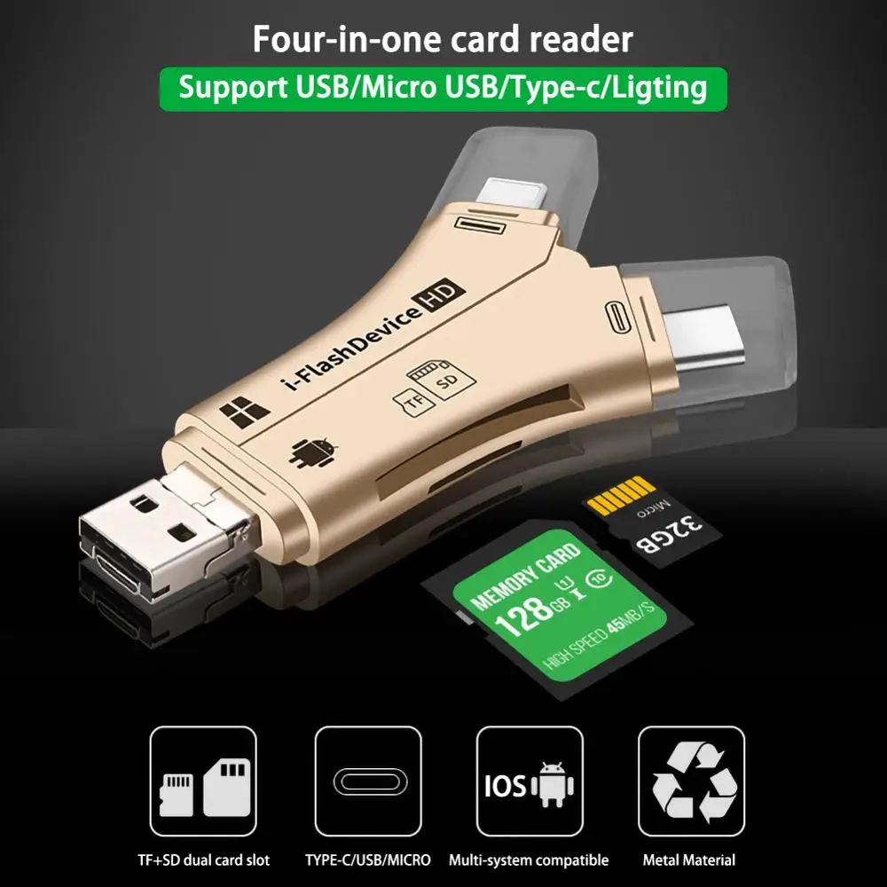 4 в 1 i флэш-накопитель USB кардридер для Micro карт памяти Адаптер iPhone 5 6 7 8 iPad Macbook Android