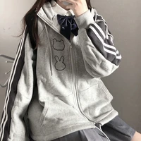 qweek kawaii hoodie women zip up sweatshirt preppy style 2021 korean fashion zipper tracksuit cute tops thick harajuku clothes