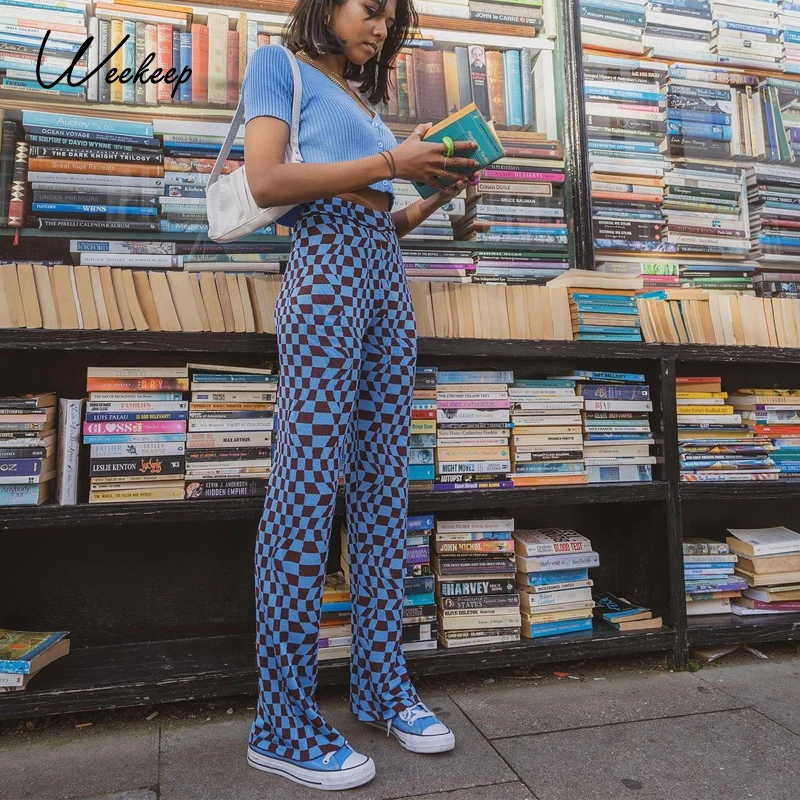 

Weekeep клетчатые повседневные винтажные трикотажные брюки с высокой талией новые уличные длинные брюки джоггеры женские трикотажные спортив...